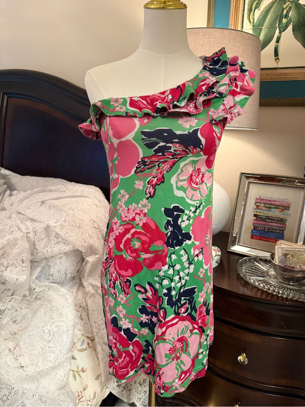 Lilly Pulitzer One-Shoulder Silk/Cotton Floral Ruffle Dress